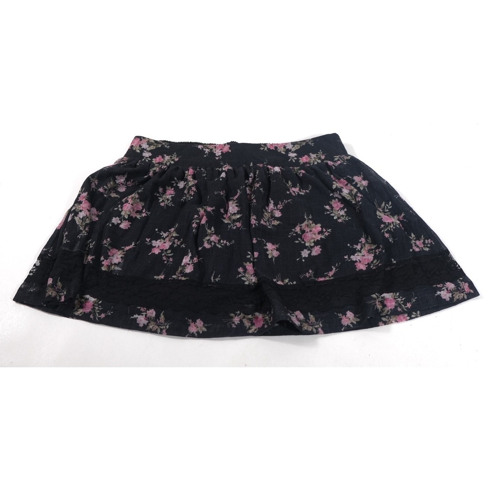Charlotte Russe Skirt Womens L Black Floral Y2k Lace Trim Smocked Mini Skirt